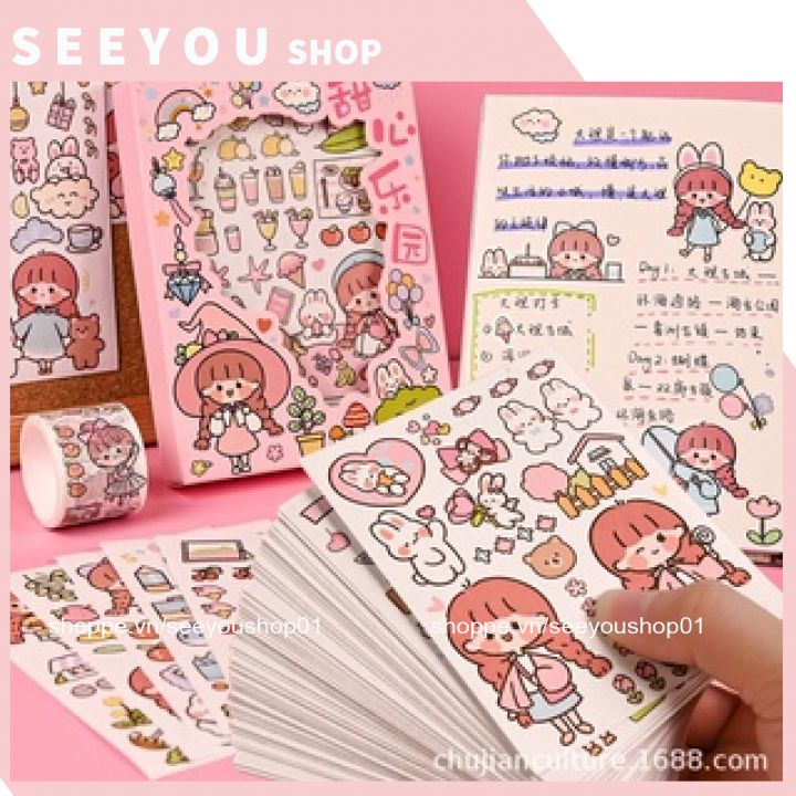 Sổ 12 tấm sticker miếng dán cắt sẵn trang trí sách vở, đồ dùng hình cute