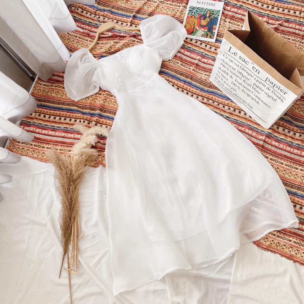 Đầm dự tiệc tay phồng dáng dài dáng xoè che khuyết điểm tốt đi tiệc đi chơi màu trắng nude VT21