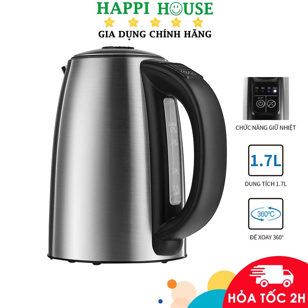 Bình đun siêu tốc Lock&Lock EJK136SLV 1.7L - Hàng chính hãng, bảo hành 12 tháng, giữ nhiệt, đế xoay 360 độ - Happi House