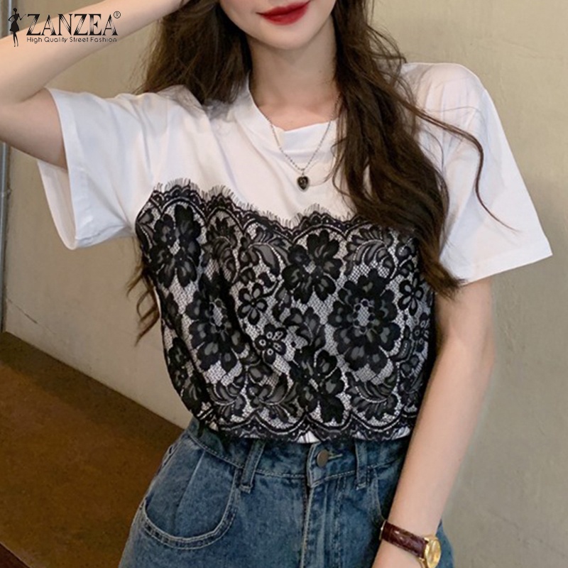 Áo thun ZANZEA tay ngắn phối ren cổ tròn cho nữ