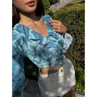 MAYBI Áo croptop ôm voan in phối bèo