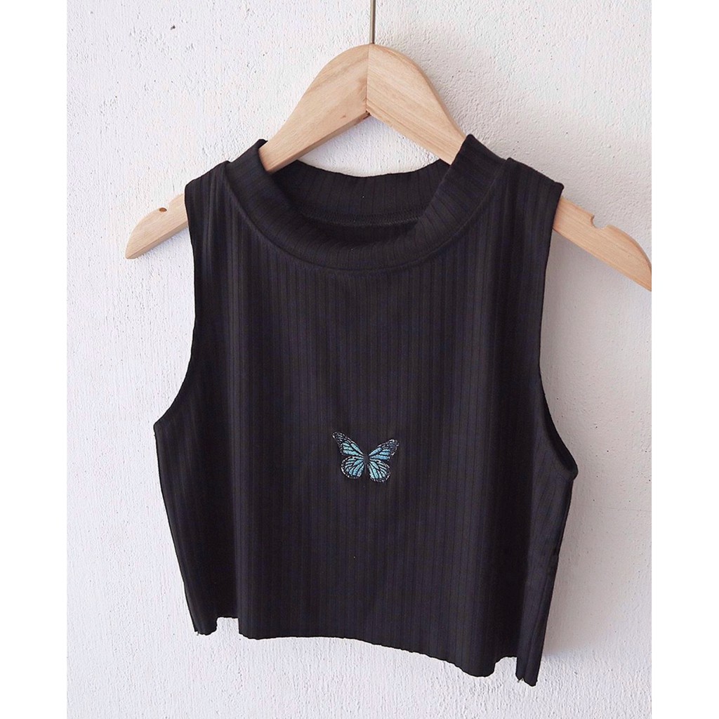 Áo Croptop thêu bướm Boin store, áo croptop nữ bo zip cao cấp 3 màu trắng/đen/hồng _ hình thật