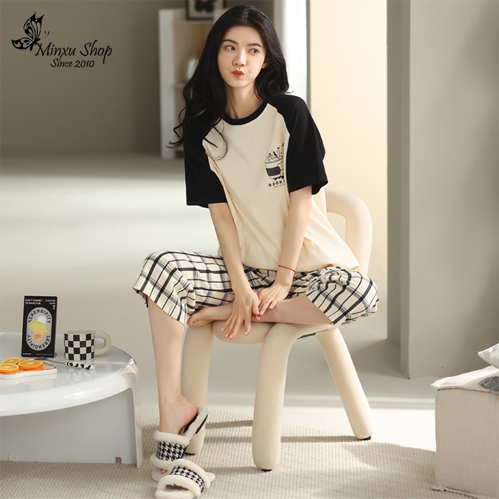 Bộ ngủ mùa hè, bộ mặc nhà nữ quần lửng áo ngắn tay mát mẻ, hàng QCCC Mã BK