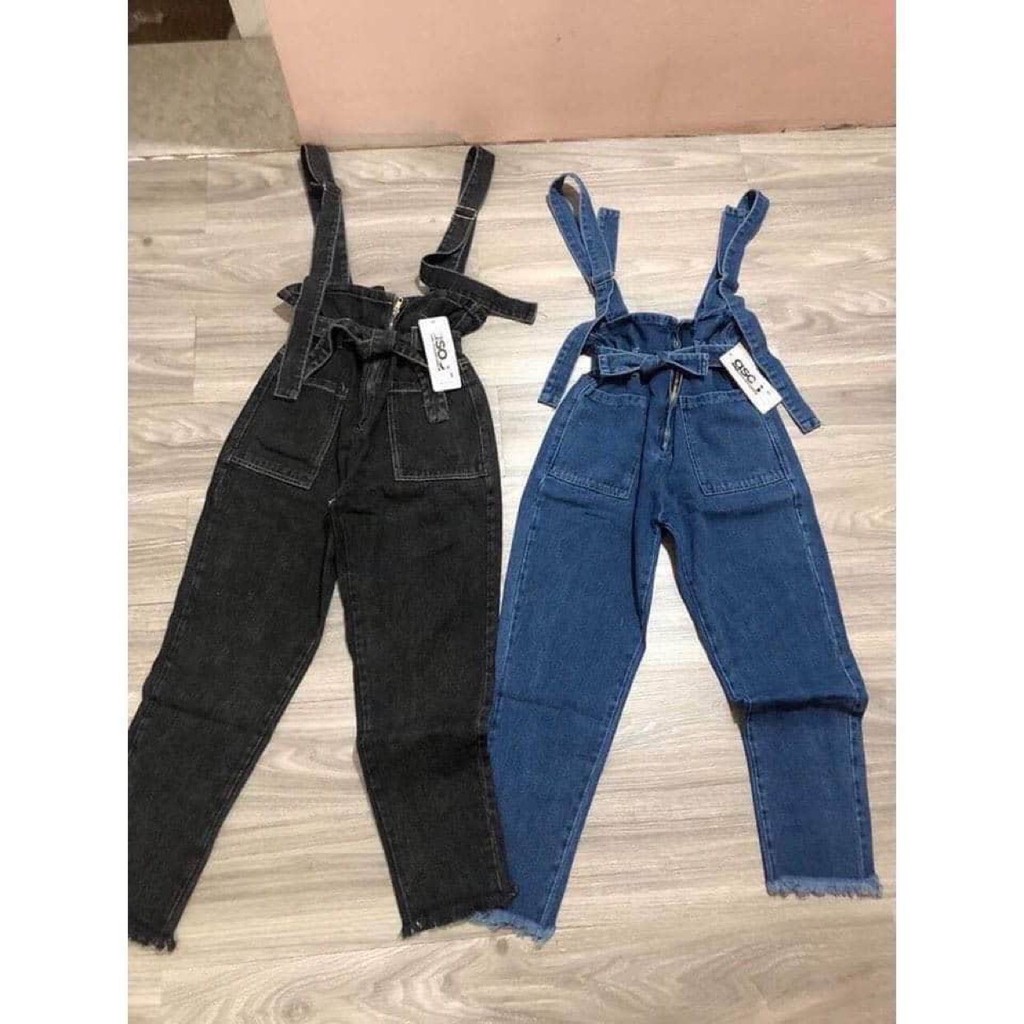 Quần Yếm bò thắt đai nơ, Quần Yếm jeans xanh thắt đai hàng VNXK