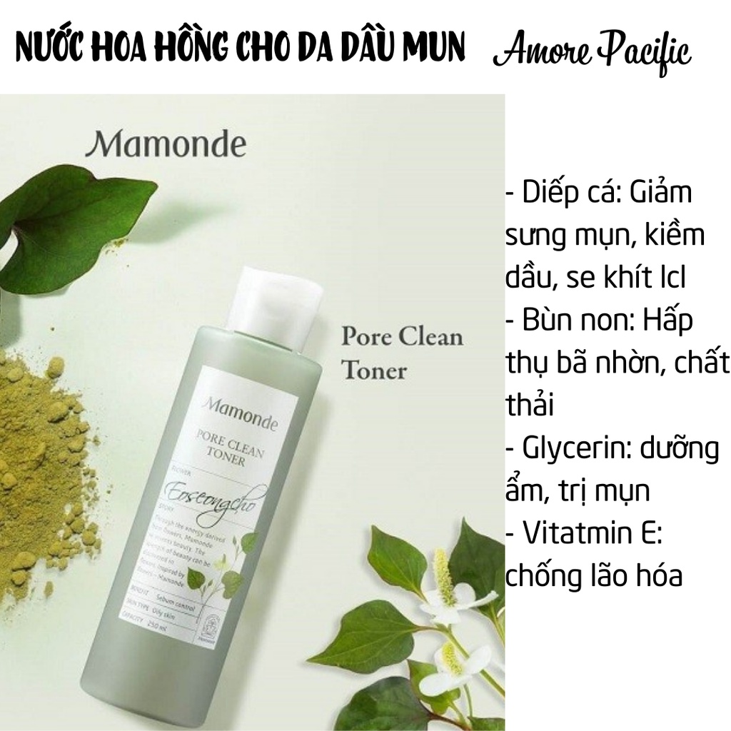 (Date 2024) Nước hoa hồng Mamonde Pore Clean Toner Diếp Cá Bùn Non 250ml Dành Cho Da Mụn