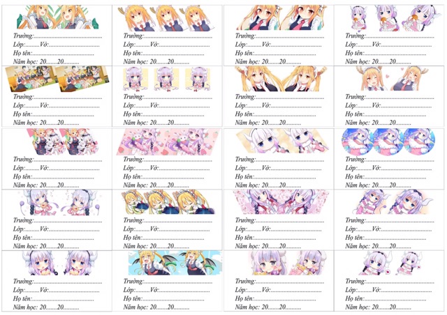 Combo 20 nhãn vở anime kanna maid dragon có đề can bóc dán