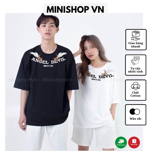 Áo phông unisex Devil Angel, áo thun tay lỡ form rộng chất cotton mềm mát