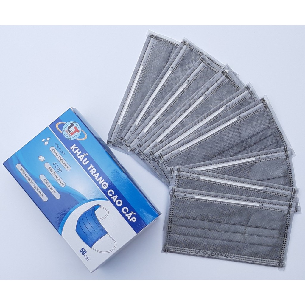 [100 cái] 2 hộp Khẩu trang y tế 4 lớp than hoạt tính kháng khuẩn (Màu xám đen - 50 cái/1 hộp )
