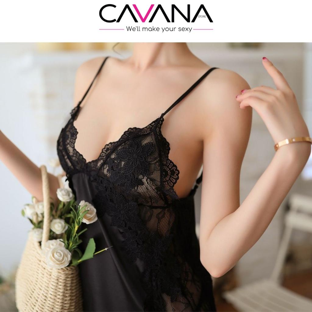 Đầm ngủ 2 dây, váy ngủ cao cấp lụa satin sexy gợi cảm 2 dây sang trọng phối ren xuyên thấu N12 - CAVANA STORE