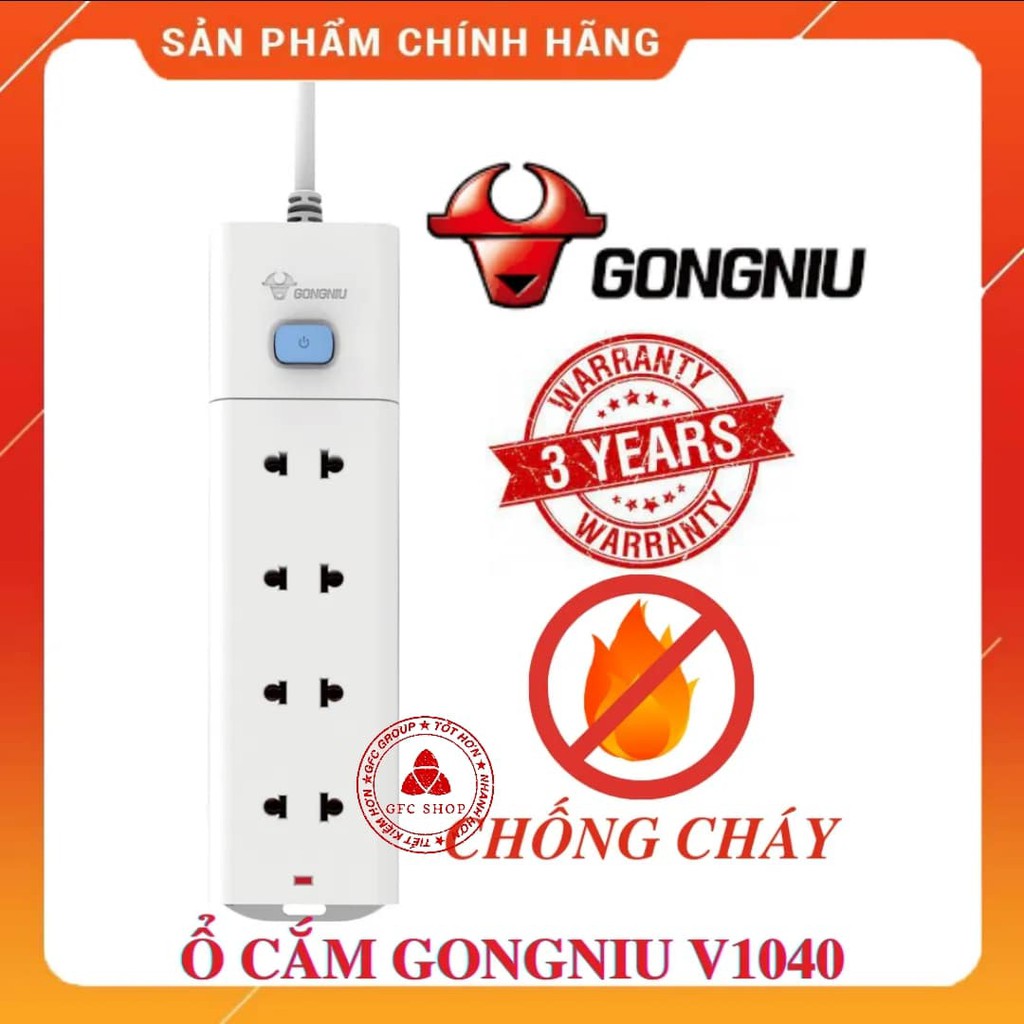 Ổ Cắm Điện Gongniu 4 Ổ 1 Công Tắc V1040 dây 3m hoặc 5m -  2500W – Trắng