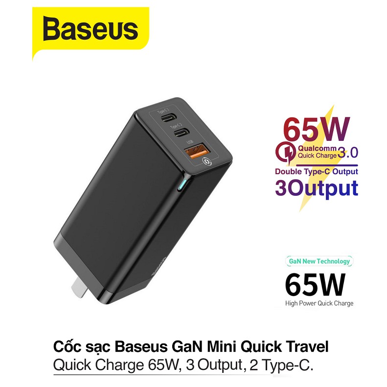 SẠC NHANH BASEUS 3 CỔNG 65W GaN QUICK TRAVEL TYPE Cx2 CHÍNH HÃNG