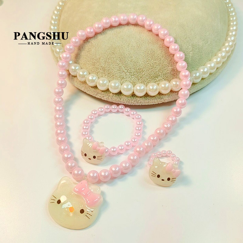 Mới Set 3 Vòng cổ Mặt Hello Kitty Đính Ngọc Trai Cho Bé Gái