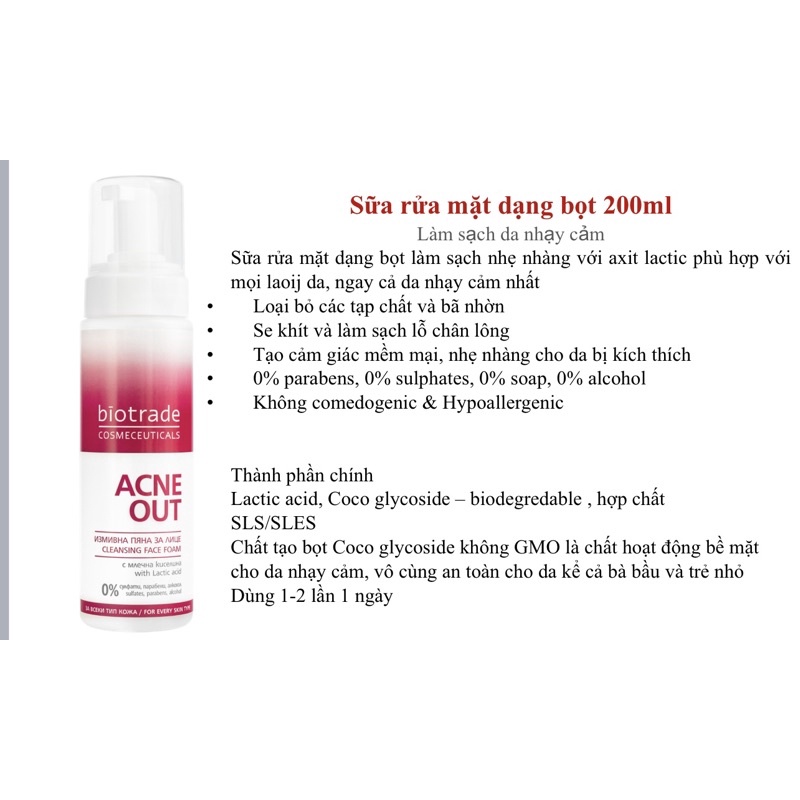 Sữa Rửa Mặt dành cho da mụn nhạy cảm - Cleansing Foam Biotrade Acnaut
