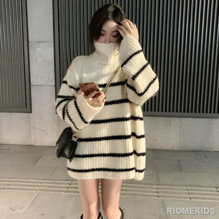 Áo sweater tay dài dáng dài ấm áp họa tiết sọc ngang cho nữ