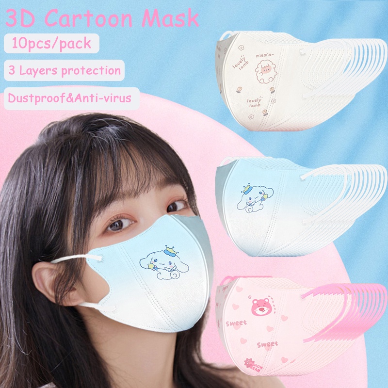 Set 10 khẩu trang bảo vệ dùng một lần chất liệu 3ply in họa tiết hoạt hình 3d cho trẻ em