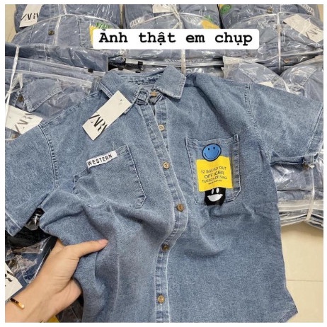 Áo bầu sơ mi bò đuôi tôm form rộng có túi- jean quảng châu mềm mịn