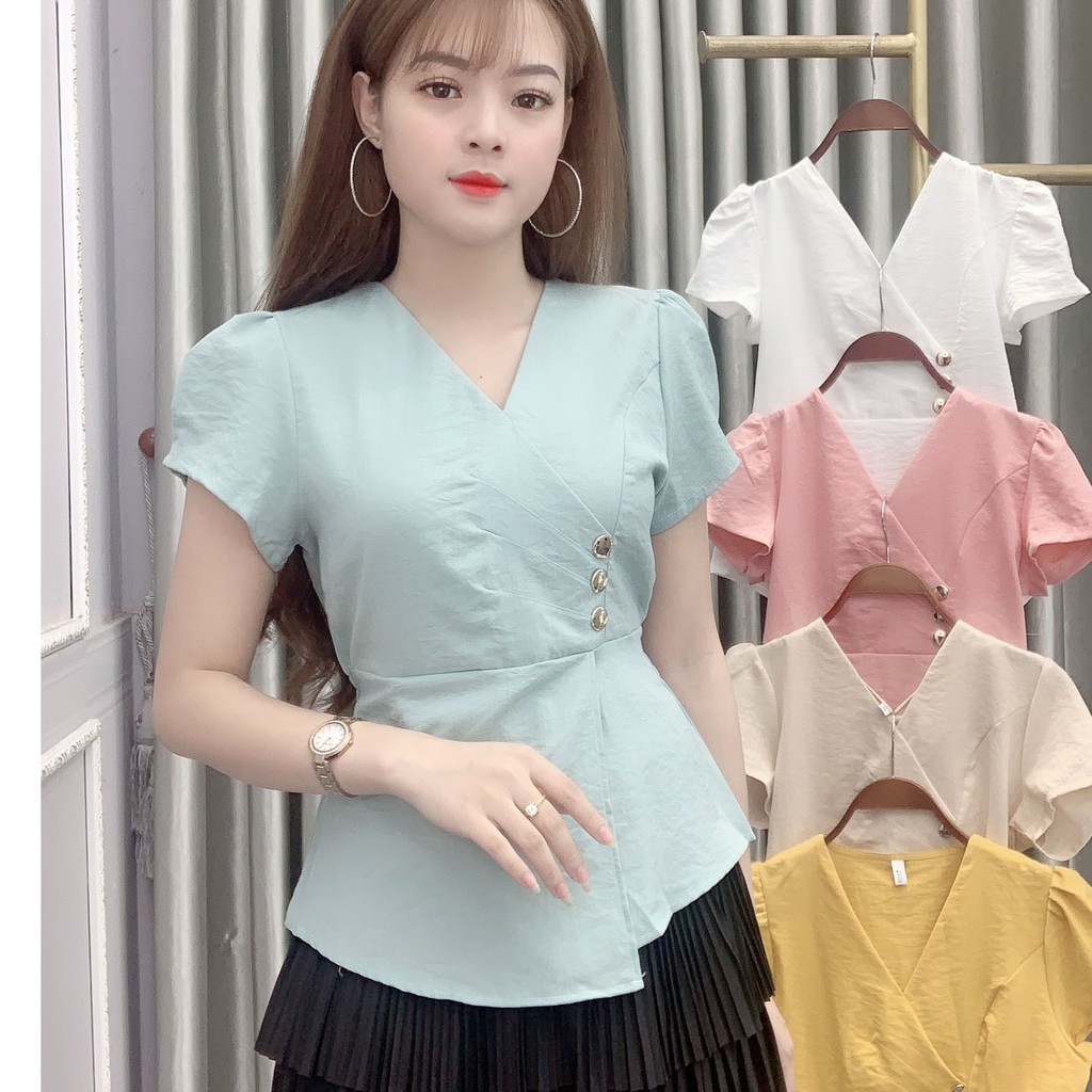 ÁO KIỂU ĐŨI VẠT CHÉO PHỐI NÚT