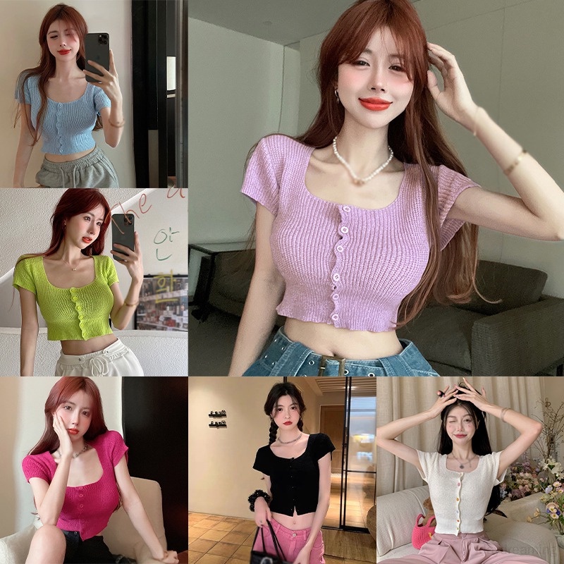 Áo Croptop Dệt Kim Tay Ngắn Màu Sắc Trơn Phong Cách Hàn Quốc Thời Trang Cho Nữ
