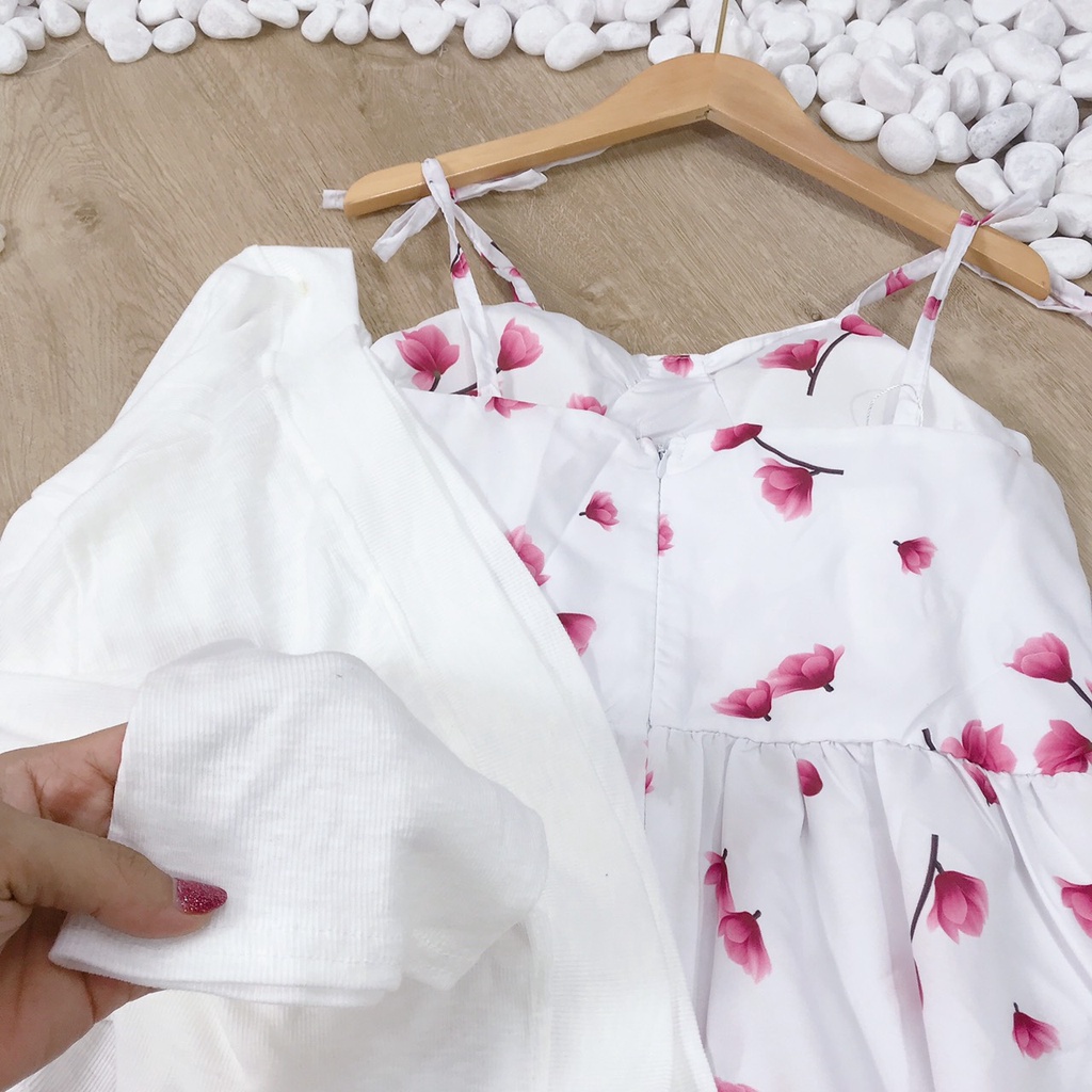 Sét đầm hoa nhí 2 dây buộc nơ vai 2 tầng kèm áo cardigan trắng thun gân- váy tiểu thư dáng xòe chất lụa màu trắng hồng