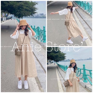 ▦☬✐Bộ Yếm Kaki Màu Be Dài Kèm Áo Thun Cotton 🦋 Sét Nữ Dáng Rộng