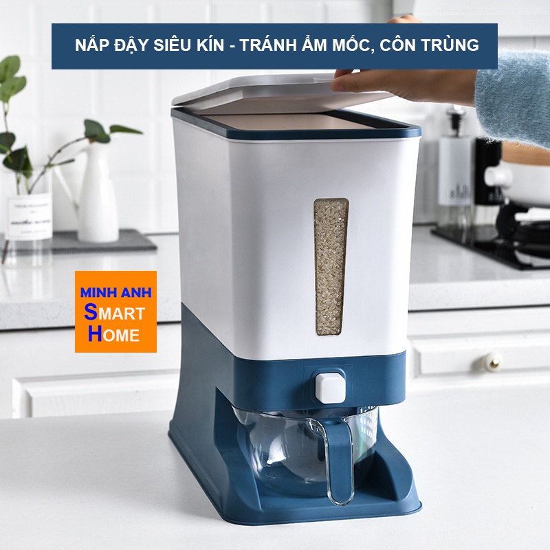 Thùng đựng gạo thông minh 12kg dùng nút nhấn, tặng cốc đong gạo đa năng