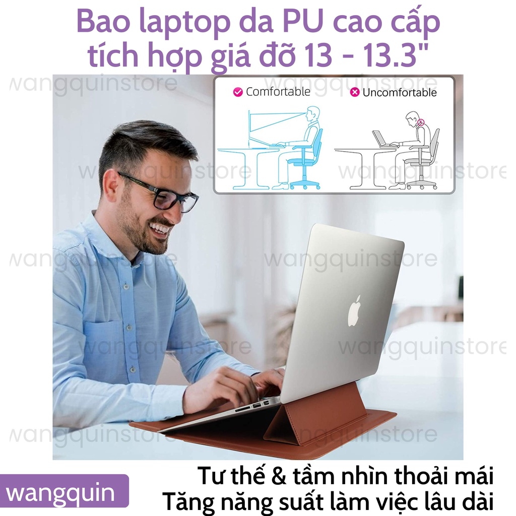 Bao Da PU Vỏ bảo vệ Laptop máy tính 13 13.3 15.6 inch Sang Trọng Cao Cấp Nhiều Tính Năng Tích Hợp Giá Đỡ và Kê tay
