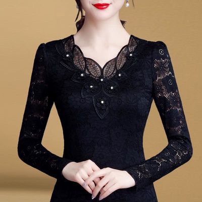 Autumn Winter Women Slim V-neck Long-sleeved Lace Bottoming Large Size fashion Shirt | BigBuy360 - bigbuy360.vn