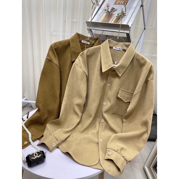 Sơ mi nâu nhung tăm túi ngực dáng thụng rộng