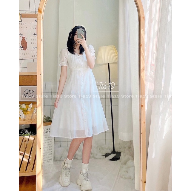 Váy trắng babydoll cúc dáng xoè ulzzang Tia19. Đầm cổ vuông tiểu thư trễ vai dự tiệc voan (Ảnh Thật) | BigBuy360 - bigbuy360.vn