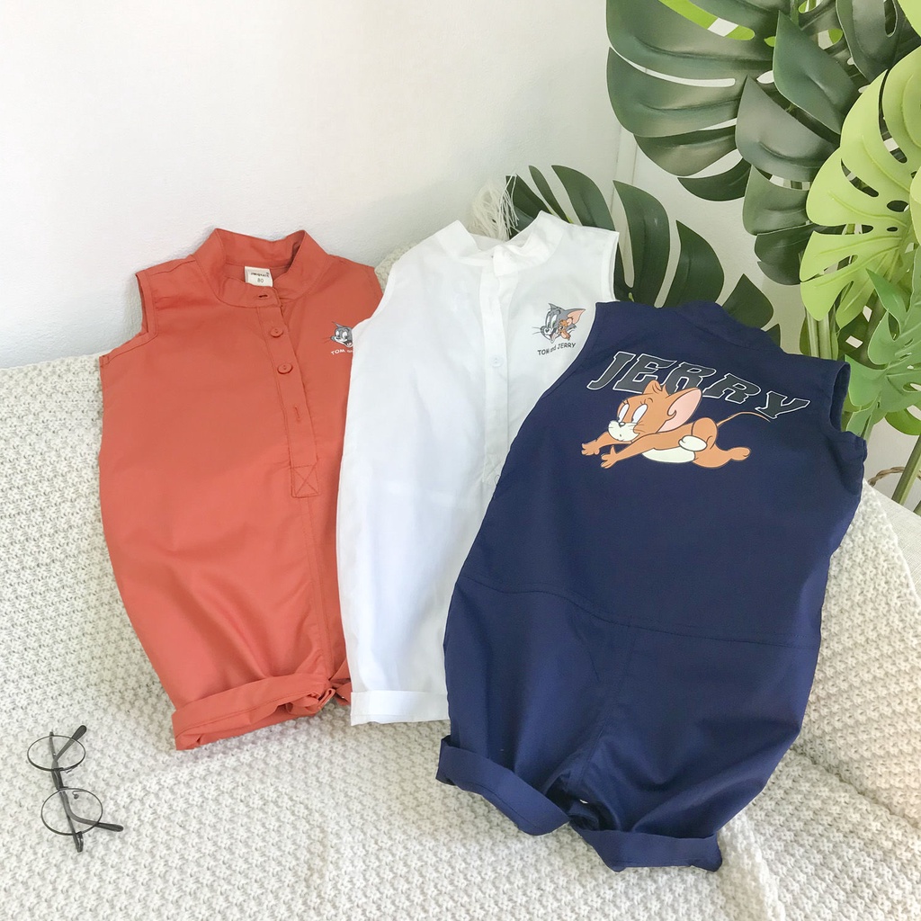 Bộ Áo Liền Quần Không Tay Phối Nút Cài In Hoạt Hình Phong Cách Hàn Quốc Thời Trang Mùa Hè Cho Bé Trai Và Gái