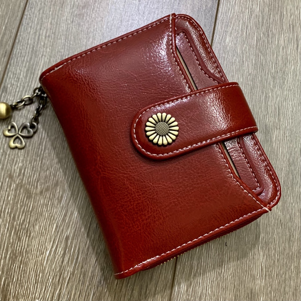 (Có clip + ảnh thật) Ví da nữ cao cấp khoá bấm cúc Daisy, ví gập bằng da dáng ngắn, nhiều ngăn