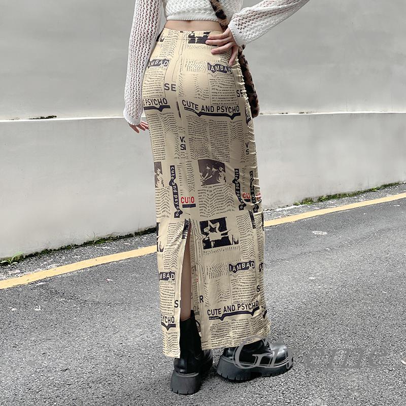 Chân Váy Dài Tới Mắt Cá Chân In Họa Tiết Tờ Báo Lưng Cao Co Giãn Thời Trang Đường Phố Cho Nữ