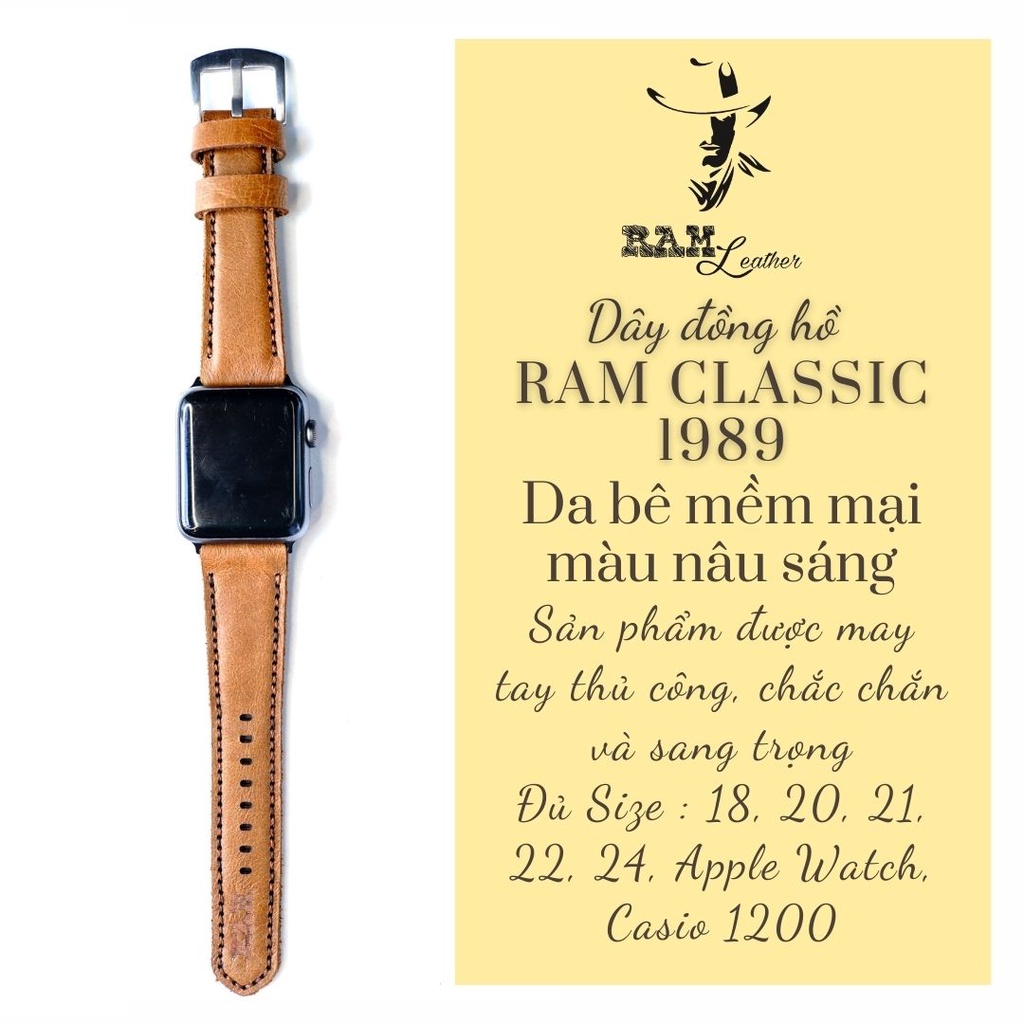 Dây apple watch da bê mềm vàng handmade bền chắc cực đẹp RAM Leather Classic 1989 - tặng khóa chốt và adapter