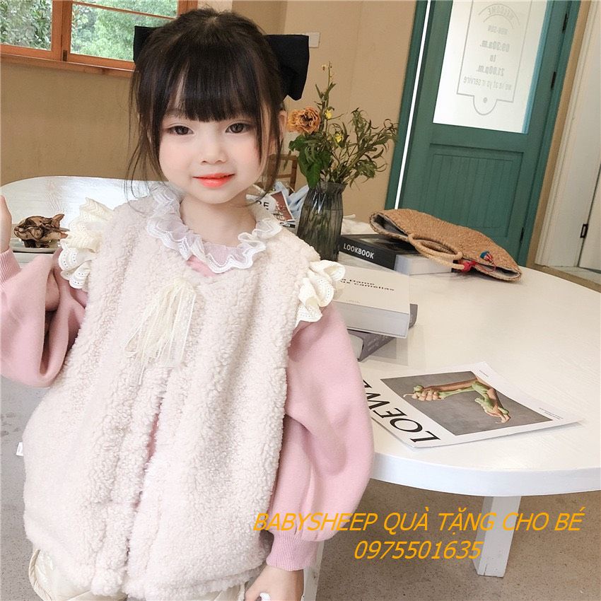 Áo khoác ghi lê lông cừu tay cánh tiên hai mặt giữ ấm mùa đông phong cách đáng yêu cho bé gái