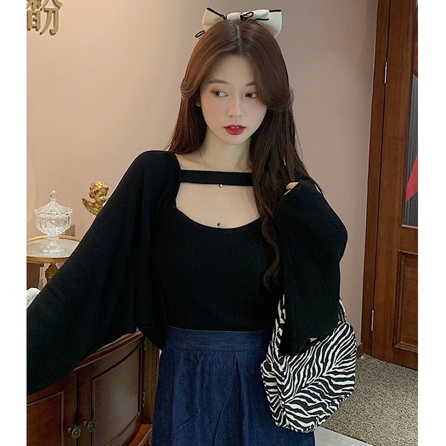 Set Áo Hai Dây + Áo Khoác Cardigan Dệt Kim Tay Dài Dáng Rộng Phong Cách Thời Trang Hàn Quốc