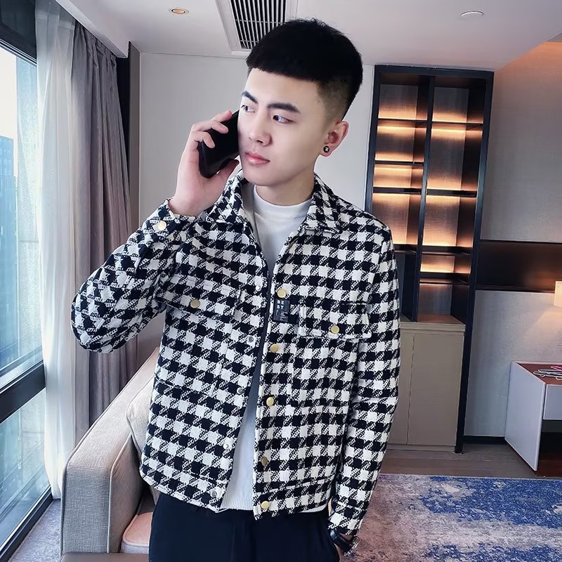 Áo Khoác Dáng Ôm Hoa Văn Kẻ Ô Phong Cách Hàn Quốc Dành Cho Nam