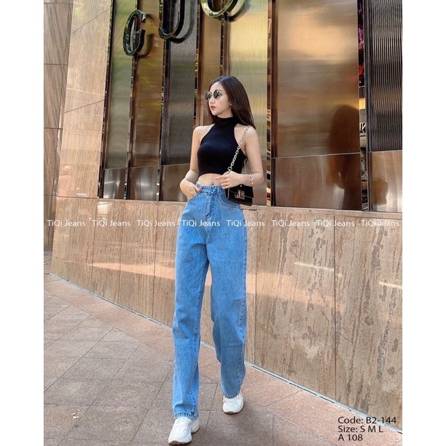 Quần jeans xuông cài đai trơn cạp siêu cao