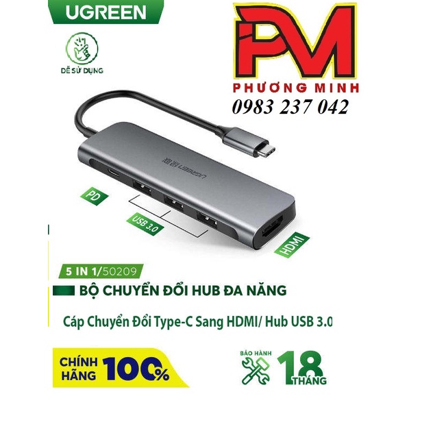 Bộ chuyển đổi USB type-C sang HDMI và Hub USB 3.0 (5 trong 1)hỗ trợ sạc cổng USB-C chính hãng Ugreen 50209