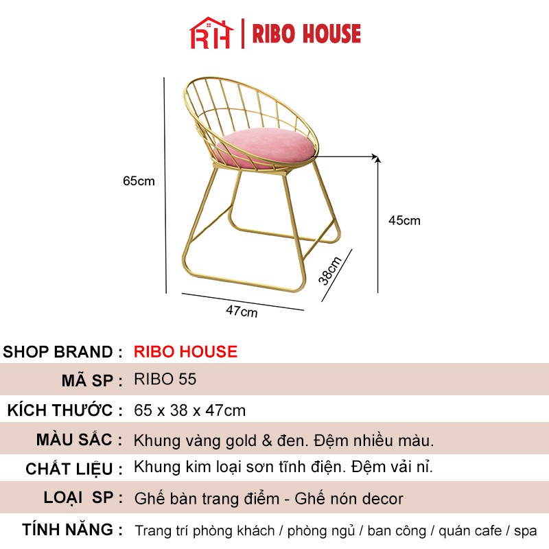 Ghế trang điểm RIBO HOUSE khung kim loại sơn tĩnh điện, ghế trang trí phòng ngủ phòng khách ban công spa nails RIBO55