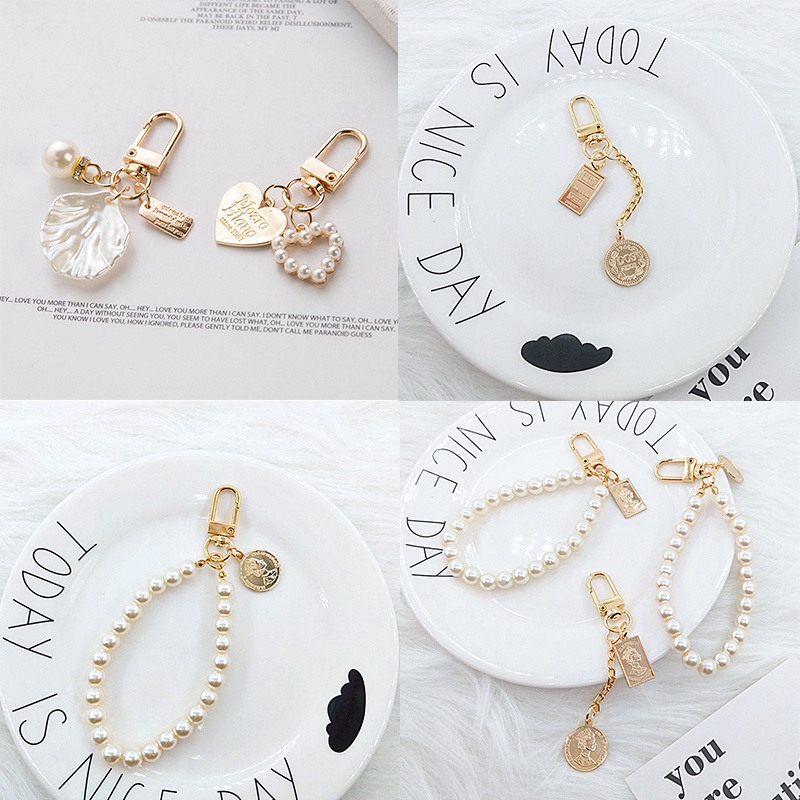 Korean Fashion Shell Pearl Key Chain Bag Charms Key Ring Trinket Airpods Key Accessories Cute Heart  Couple love Keychain Women Girl Gift