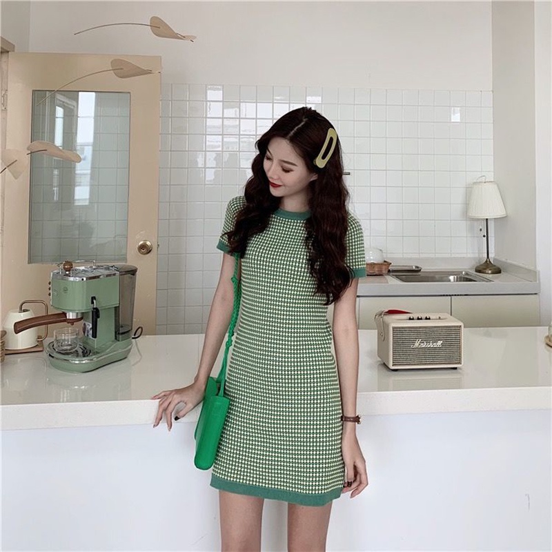 Đầm Dệt Kim Sọc Ca Rô Màu Xanh Bơ Phong Cách Pháp Xinh Xắn Cho Nữ