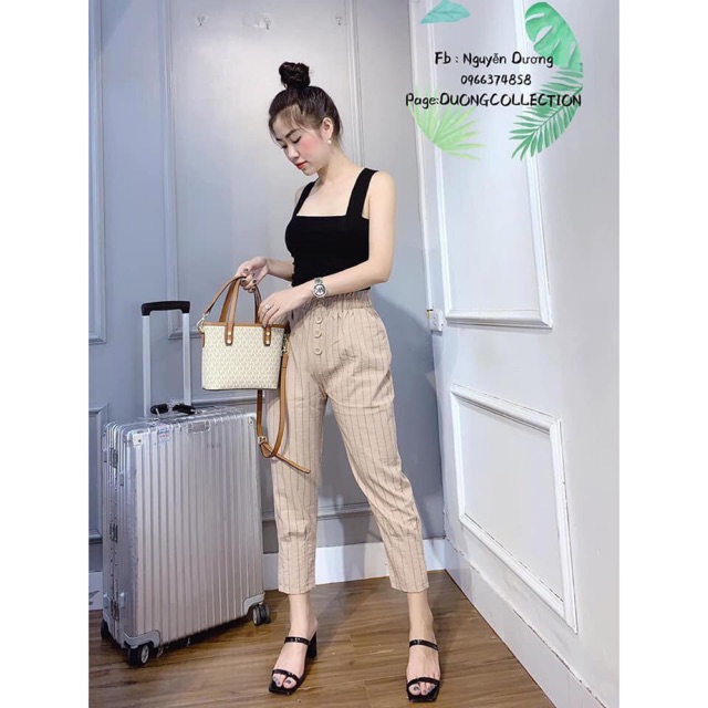 quần kẻ cạp cúc bọc