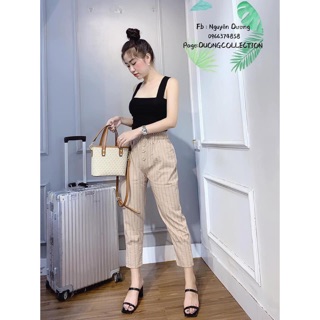 Quần kẻ cạp cúc bọc