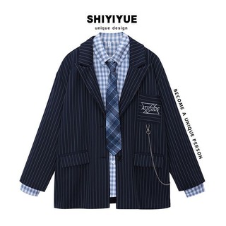 Set sơmi dài tay + blazer xanh than có móc xích Ulzzang