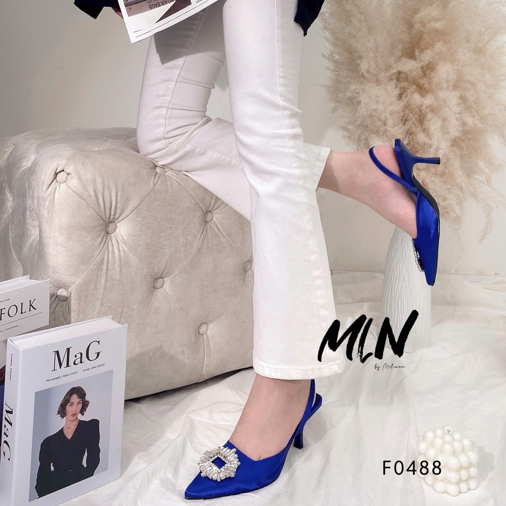 GIÀY CAO GÓT NỮ SLINGBACK GÓT NHỌN 5P BÍT MŨI SATIN PHỐI KHÓA ĐÁ TỦA F0488