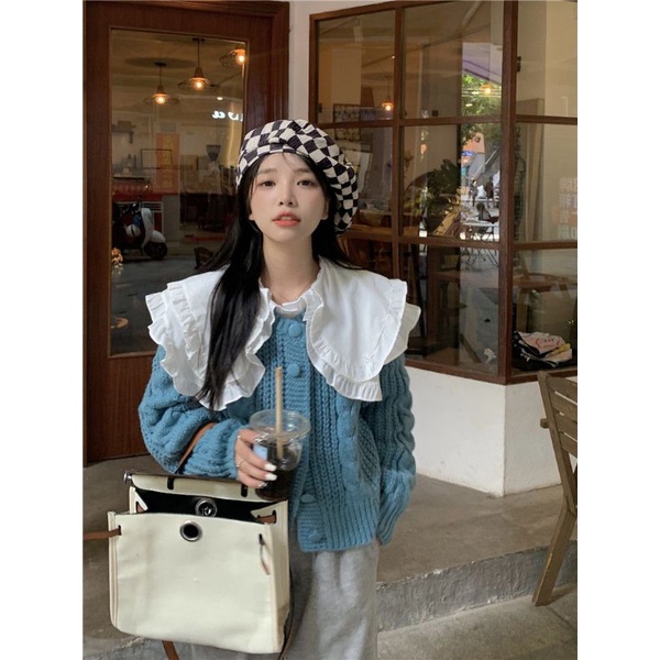 Set Áo Sơ Mi Cổ Pháp Kèm Áo Khoác Len Cardigan Phong Cách Retro ❤️