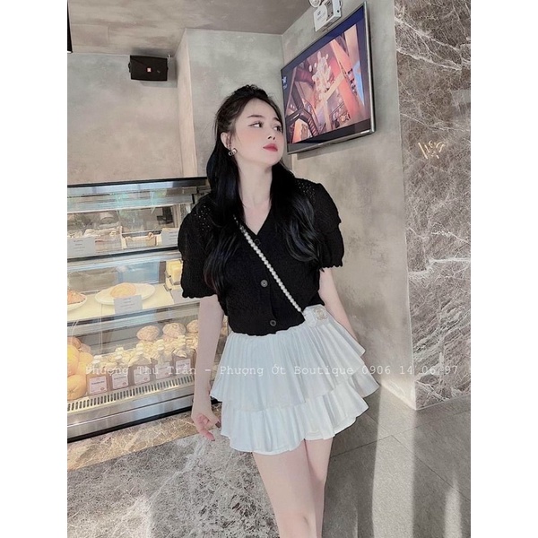 Áo cadigan len mỏng ngắn tay trơn, Áo kiểu tay bồng khuy cài  AL1468 - NhiNhi Shop