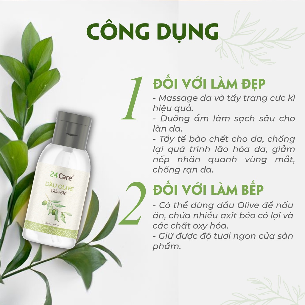 Dầu Olive 24Care Nguyên Chất - Dưỡng trắng da, giảm mụn, dưỡng ẩm da, tẩy lớp trang điểm sạch sâu - Dung tích 60ml
