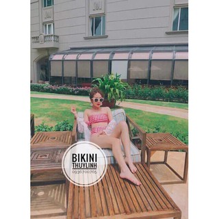 Set bikini caro nơ đỏ đen