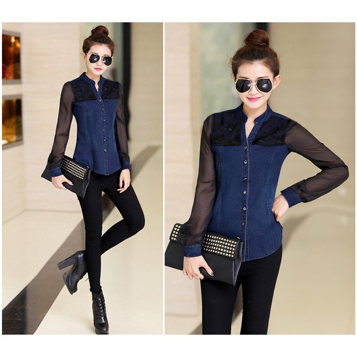 Sơ Mi Denim Cổ Trụ Tay Dài Phối Ren Lưới Xinh Xắn EKE-A356